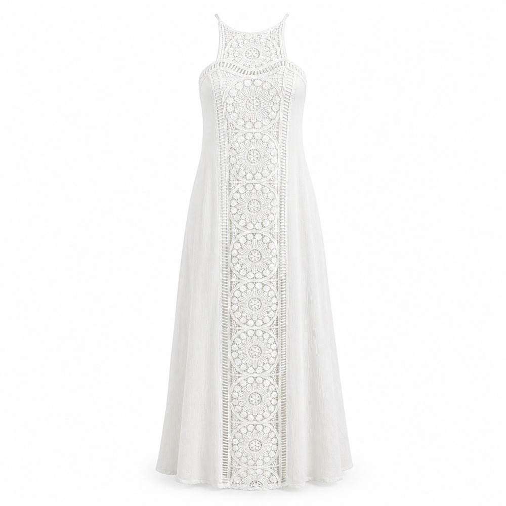 Shinestar White‎ Crochet Lace Panel Maxi Dress Smocked Boho M Beach Cottagecore
